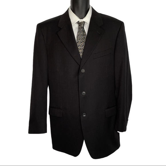 CANALI Proposta Suit Coat Wool Three Button Single Breasted Black Pinstripes 44L